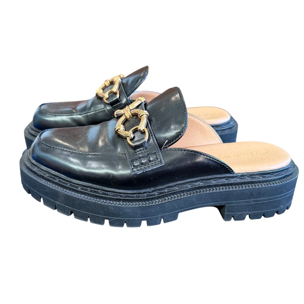 Circus Sam Edelman Loafers Sz 7.5 Black Chunky Mules Slip On Lug Sole Gold Chain